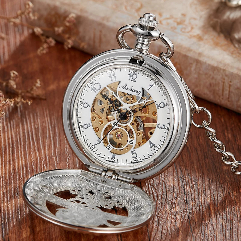 Hand woven mechanical pocket watch retro hollow blue moon star steampunk skeleton watch Roman numeral watch with Fob chain 241108