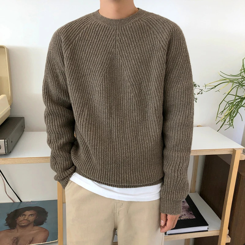 Men Pullover Sweater Japan Retro Heavy Solid Color Oneck Knitted Oversize Harajuku Streetwear Casual Knitwear C28 241111