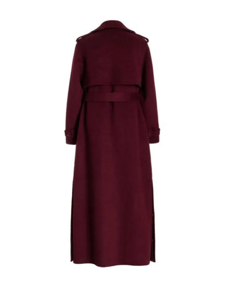 Elegant Burgundy red wool blend long coat with waistband fashionable lapel long sleeved coat autumn and winter office streetwear 241111
