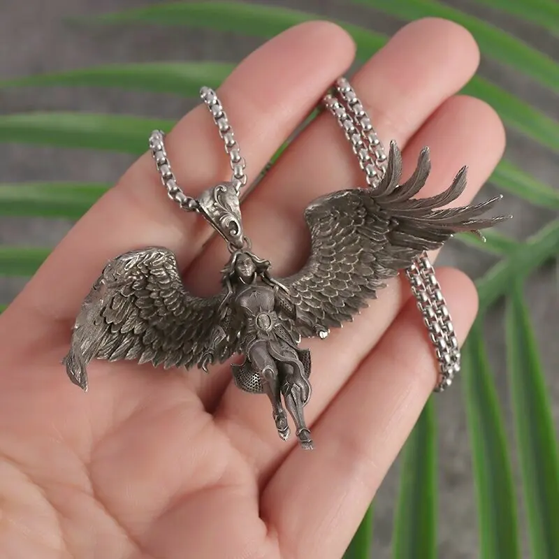 Personality Delicate Mythical Character Lucifer Black Winged Angel Pendant Necklace for Men Women Pagan Vintage Gothic Jewelry