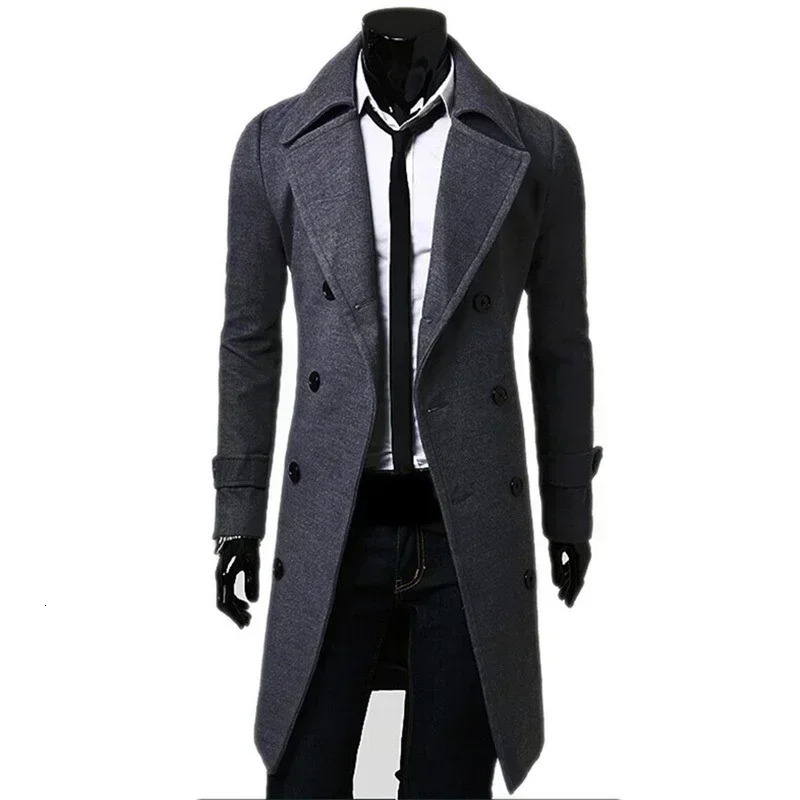 Mens Double Breasted Trench Coat Wool Blend Autumn Winter Solid Casual Slim Fit Long Jacket Wool Coat Fashion Mens Clothing 241111