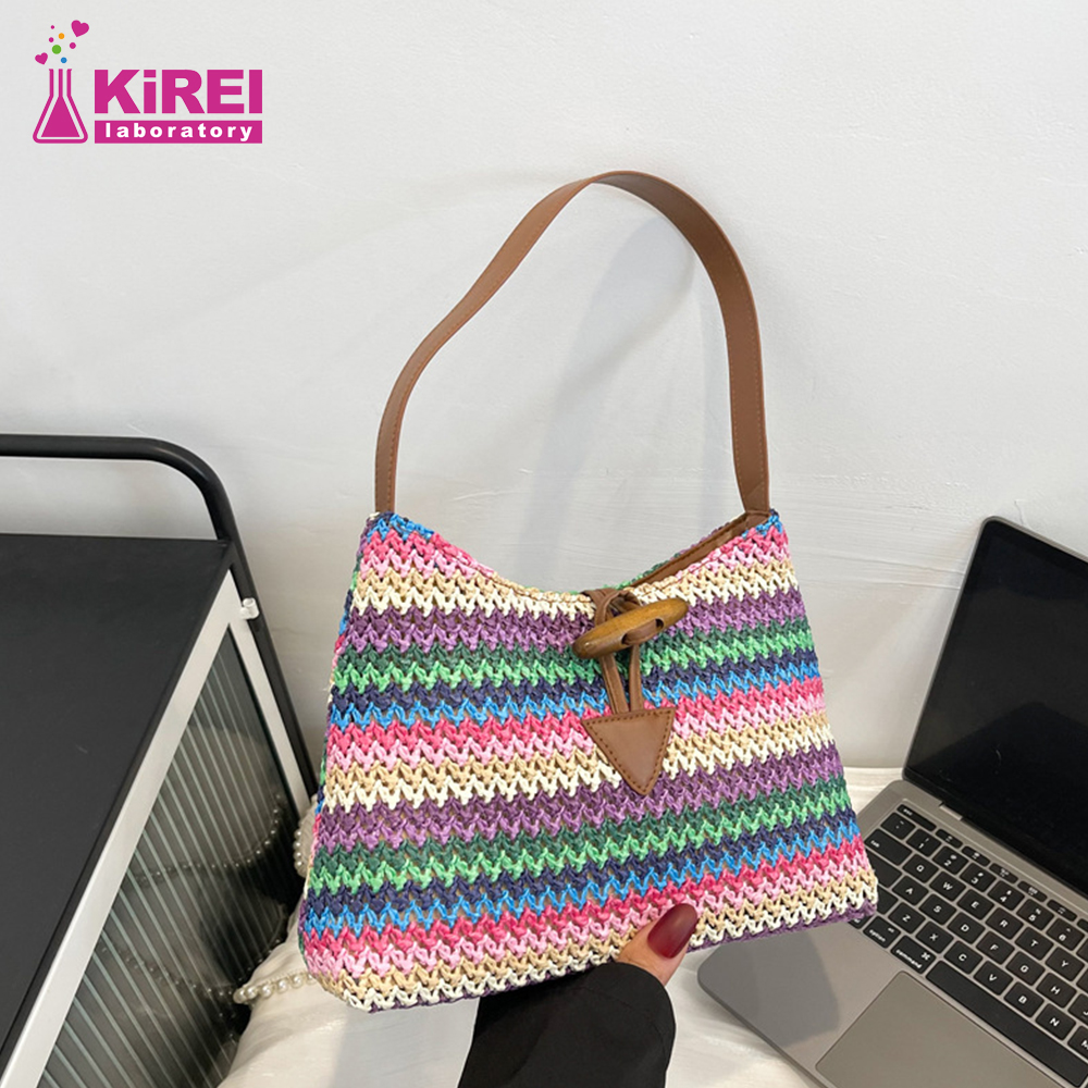 Summer New Straw Braided One Shoulder Underarm Bag Women's Rainbow Stripe Single Shoulder Bag Bohemian Style Hand Carry Bags