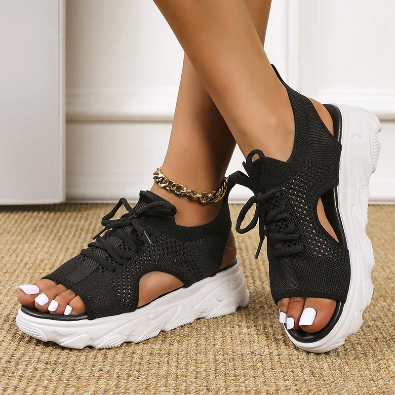Mesh Platform Sandals for Women Lace-Up Open Toe Summer Shoes Lightweight Casual Heeled Sandals Ideal for Beach and Everyday Wear