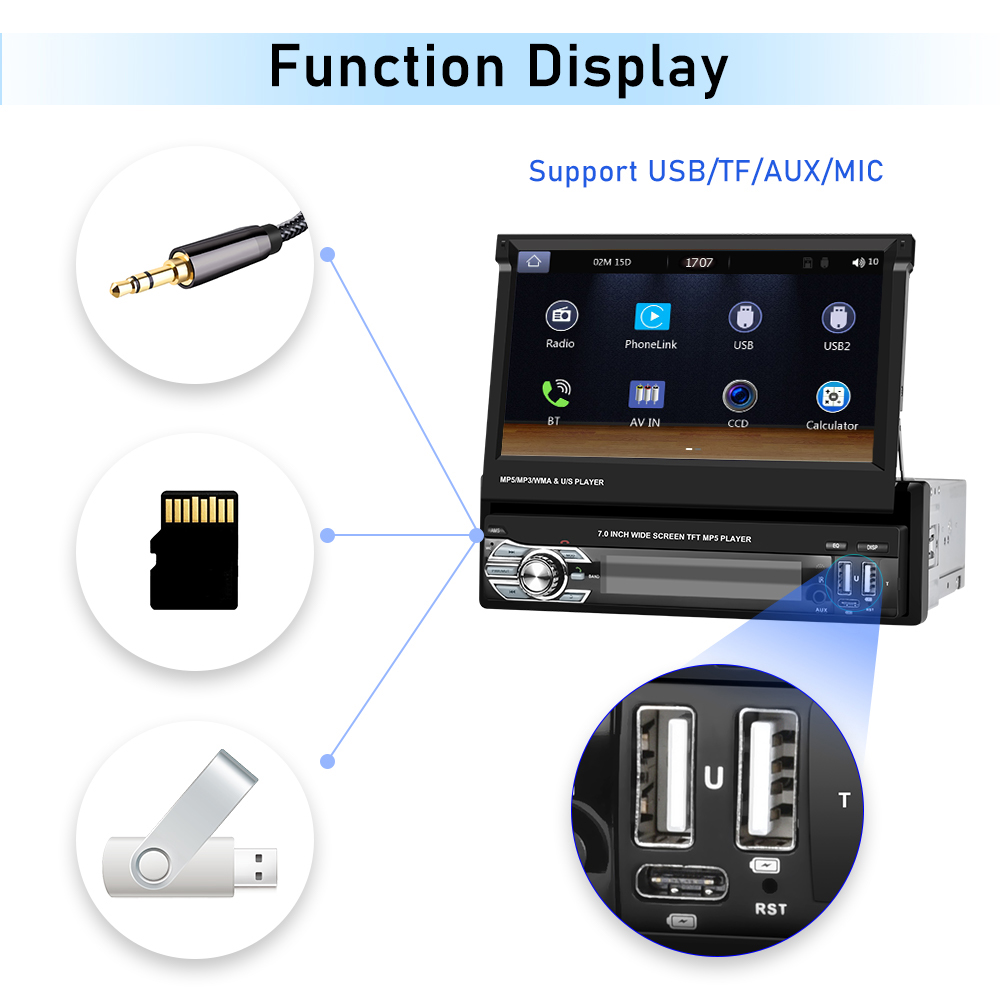 Podofo 1din Android auto Carplay Radio Touch Screen Universal Car mp5 Player with BT FM Radio Receiver Support Rear View Camera