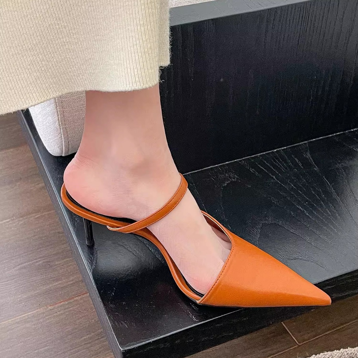 Simple Design Gentle Style Point Toe High Heel Sandals: Versatile Outside Wear (Black/Beige/Yellow/Orange) 6f82