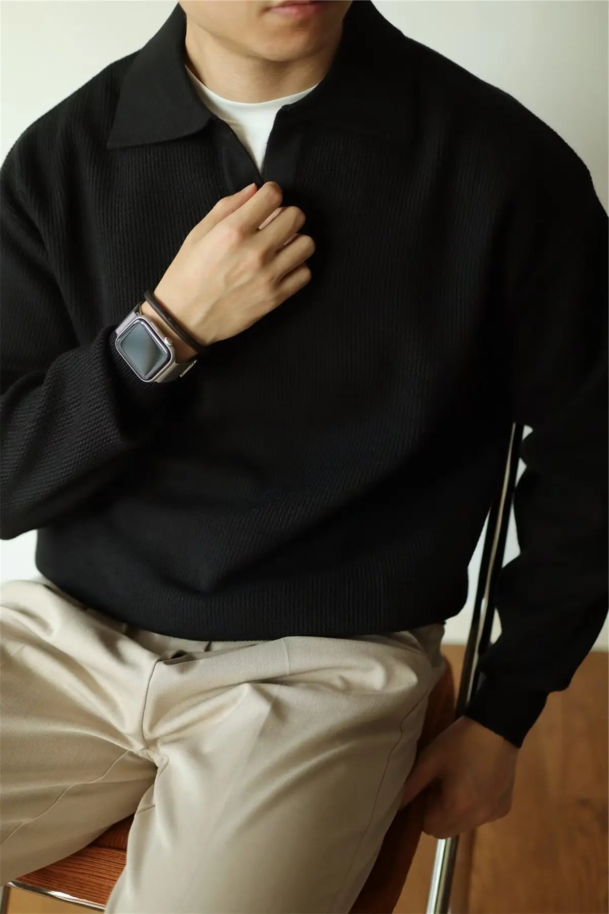 Fashion Solid Color Men Polo Kint Shirt Autumn Long Sleeve Turndown Vneck Sweater Casual Jumper Tops Mens Knitwear Clothe 241111