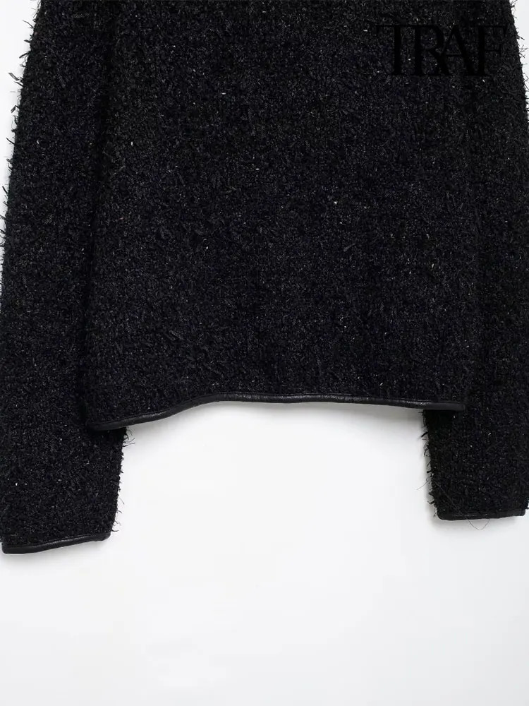 TRAFWomens Gold Button Tweed Jacket Coat O Neck Long Sleeve Female Outerwear Chic Tops Fashion 241111