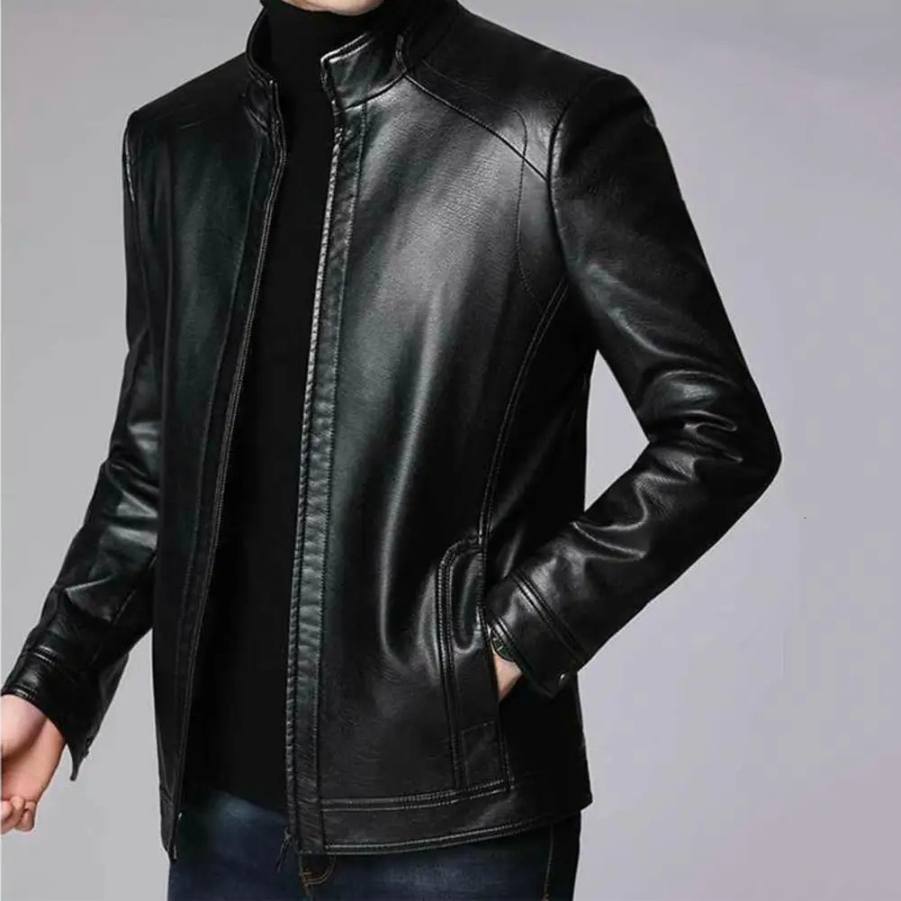 Men Jacket Faux Leather Solid Color Stand Collar Coat Smooth Zipper Neck Protection Windproof Outerwear For Autumn Winter 241120