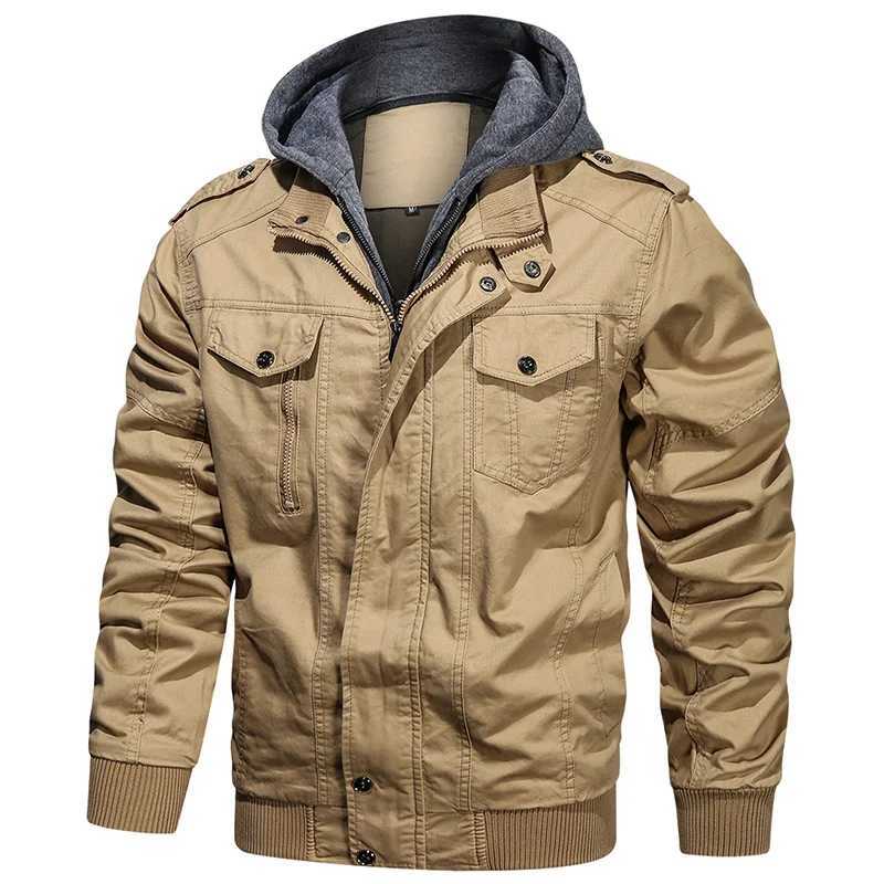 Mens autumn cotton jacket with detachable cover casual tactical jacket outdoor work cargo hooded bomber jacket US size W241111