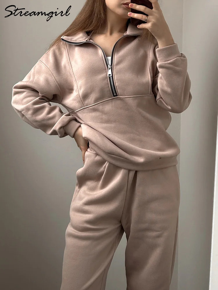 Gray Warm Fleece Suit For Women Winter Thick Veet Pants Sets Sweatpants Sweatshirt Ladies Warrn Tracksuit Two Piece Set 241111 B4