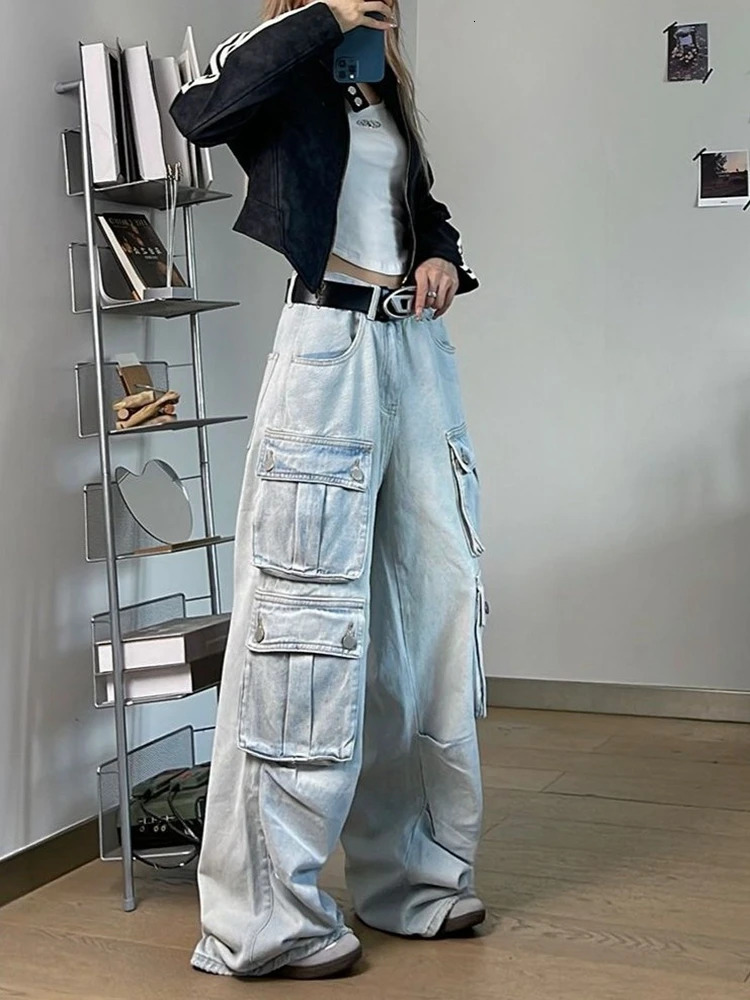 Autumn Winter MultiPocket Blue Washed Jeans Cargo Pants Y2k Harajuku Casual Wide Leg American Street Style Baggy Car 241111