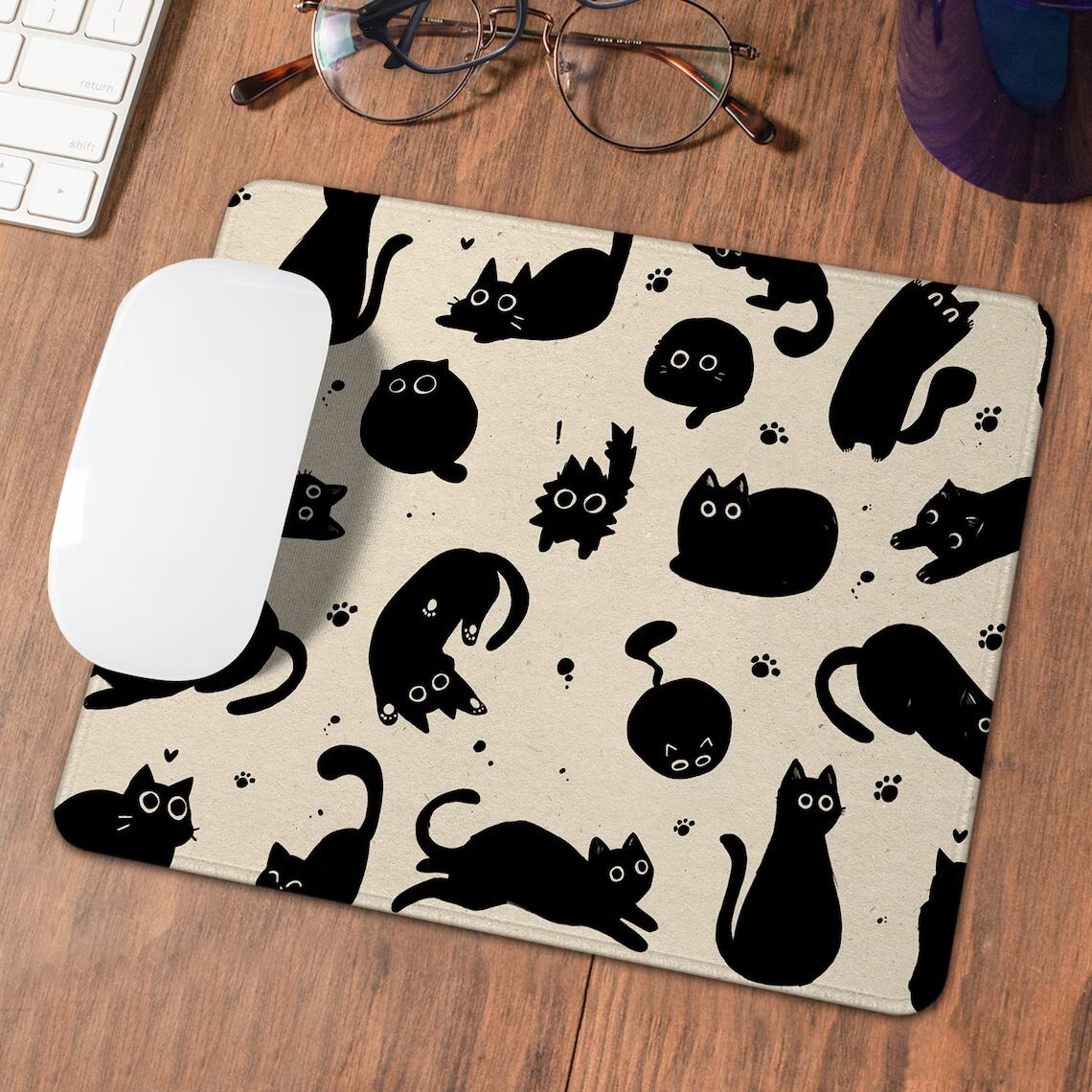 Cute Black Cat Desk Mat On Beige Mouse Pad Extra Large Table Protector Soft Deskmat Deskpad Anime Mousepad Kawaii XxL Mousepad