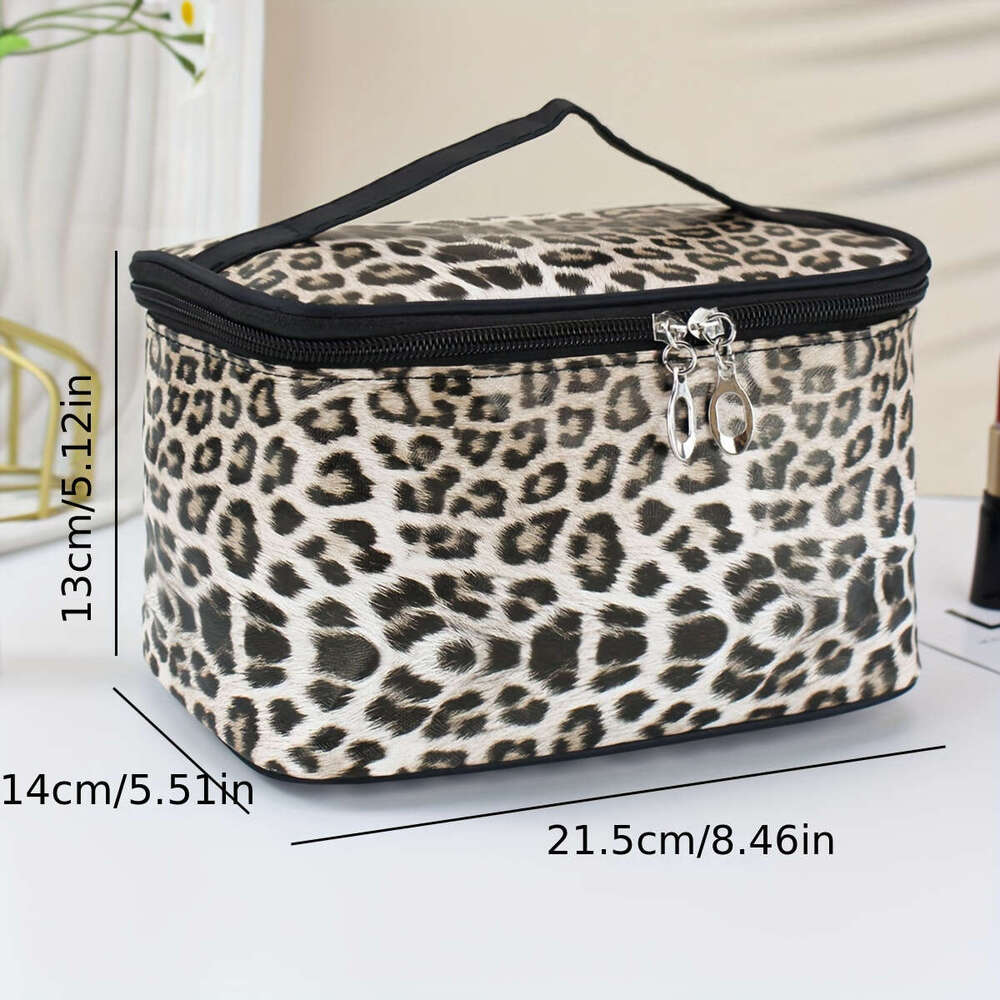 Large Capacity Leopard Print Cosmetic Bag Spacious Square Pouch Organizer with Stylish Makeup Storage Convenient Handle - Perfect for Daily Home Use a