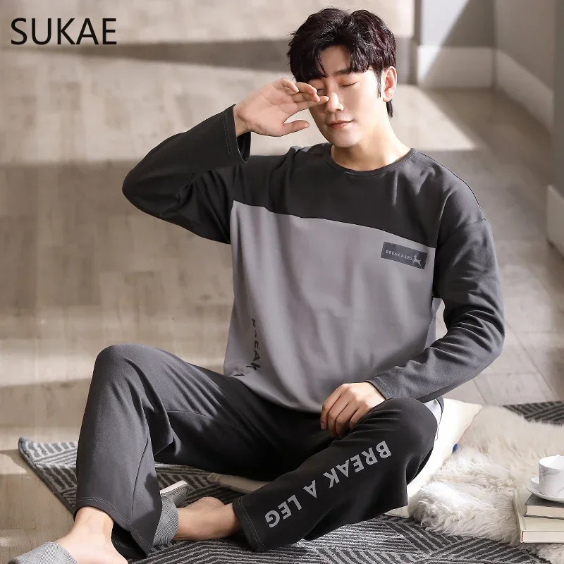 SUKAE y Navy Mens Sleepwear Autumn Winter Cotton Man Pajama Long Sleeves Homewear Gentleman L4XL Big Minimalist Pijama 241111