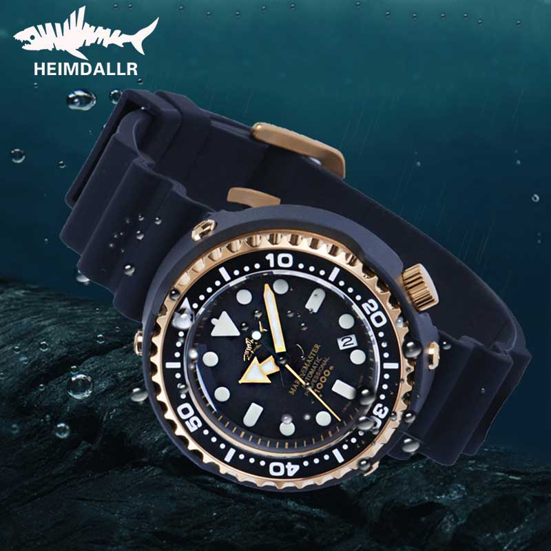 HEIMDALLR Men's Tuna Diving Watch 1000M Waterproof Golden Plated Black PVD Coated Case NH35A Automatic Mechanical Dive Watch