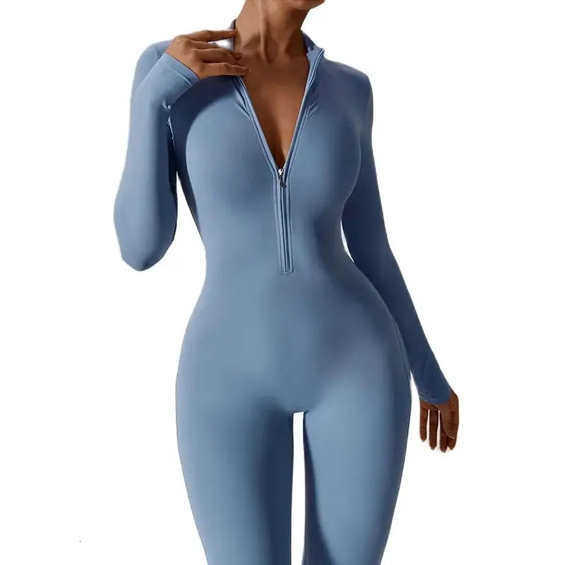 Women Jumpsuits One-Piece Suit Zipper Long Sleeved Yoga Set Gym Push Up Workout Clothes Fitness Bodysuit Tight fitting Tracksuit 241111