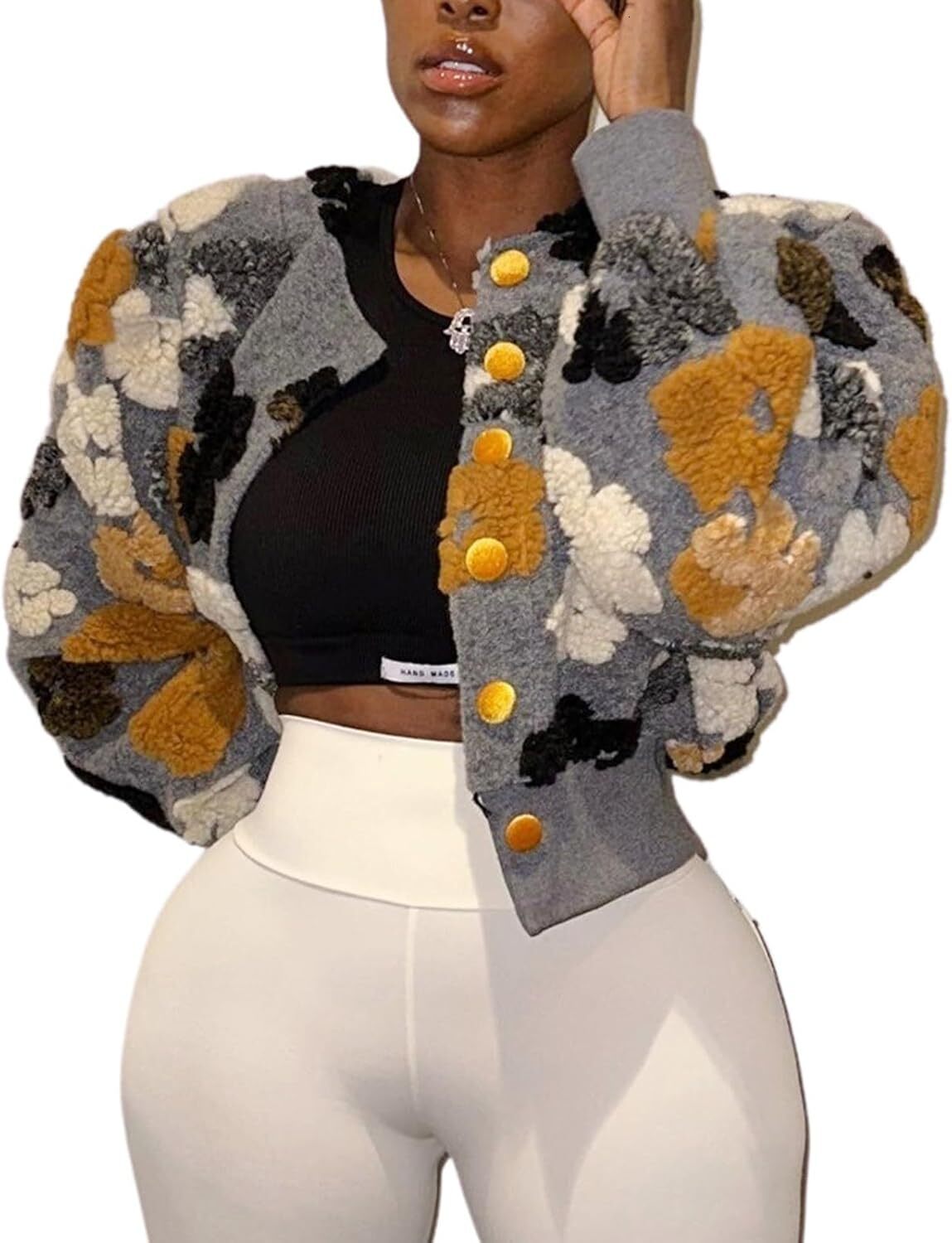 Women's Cropped Ral Print Bomber Puff Sleeve Fleece Varsity Jacket Button Down Fall Winter Outerwear Coat