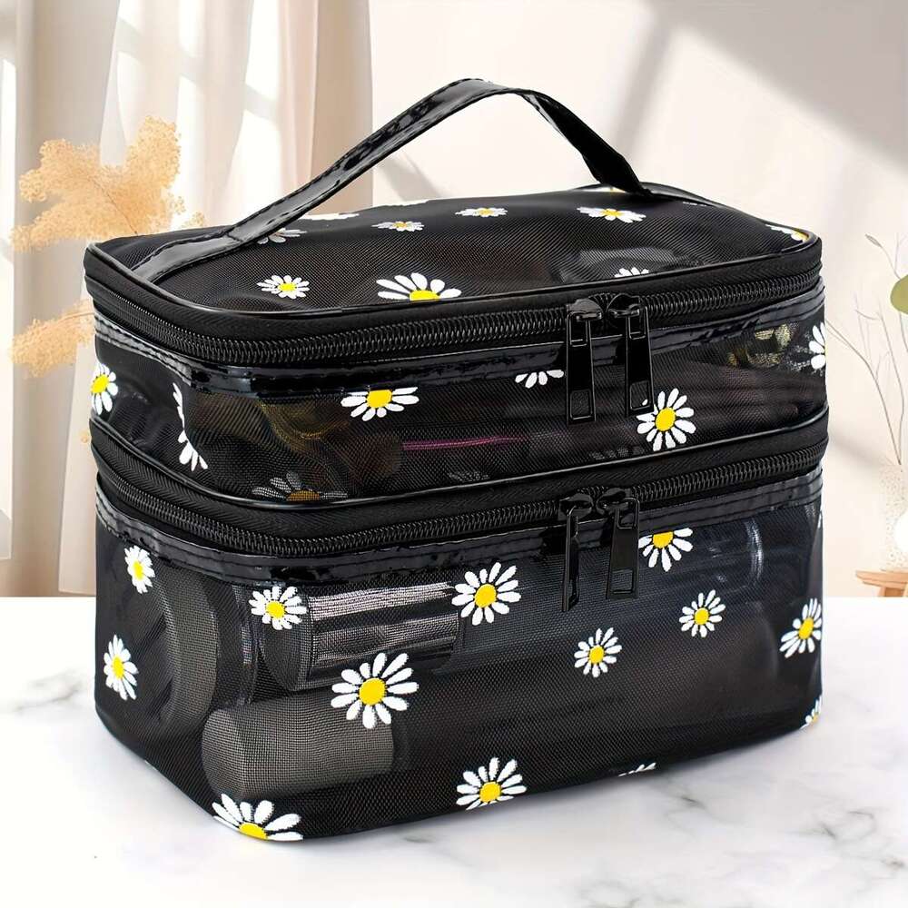 Daisy Mesh Cosmetic Large Capacity Convenient Travel Wash Double Layer Make Up Supplies Storage Makeup Bag