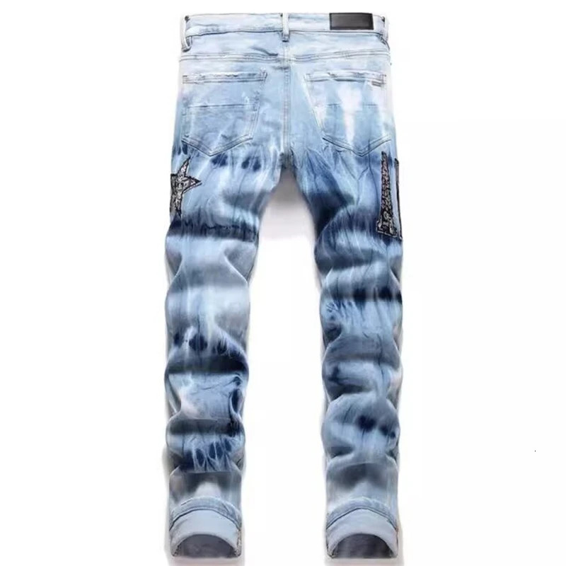 Y2K celebrity embroidered ripped jeans tie dyed light blue cotton stretch streetwear fashion mens tight denim pants 241108