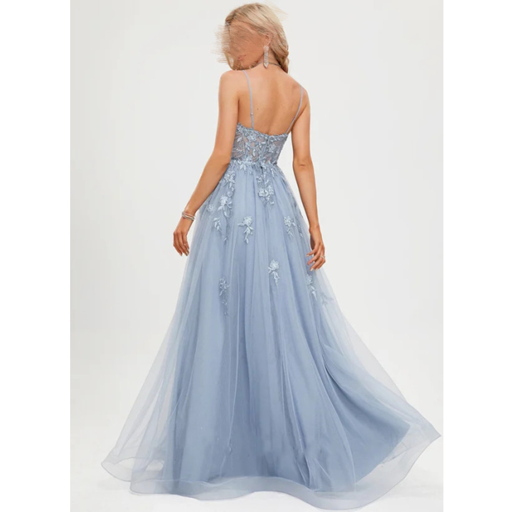 A Line Prom Evening Woman Tulle V Neck Long Elegant Formal Ocn Dresses Sleeveless Party Tail Gown