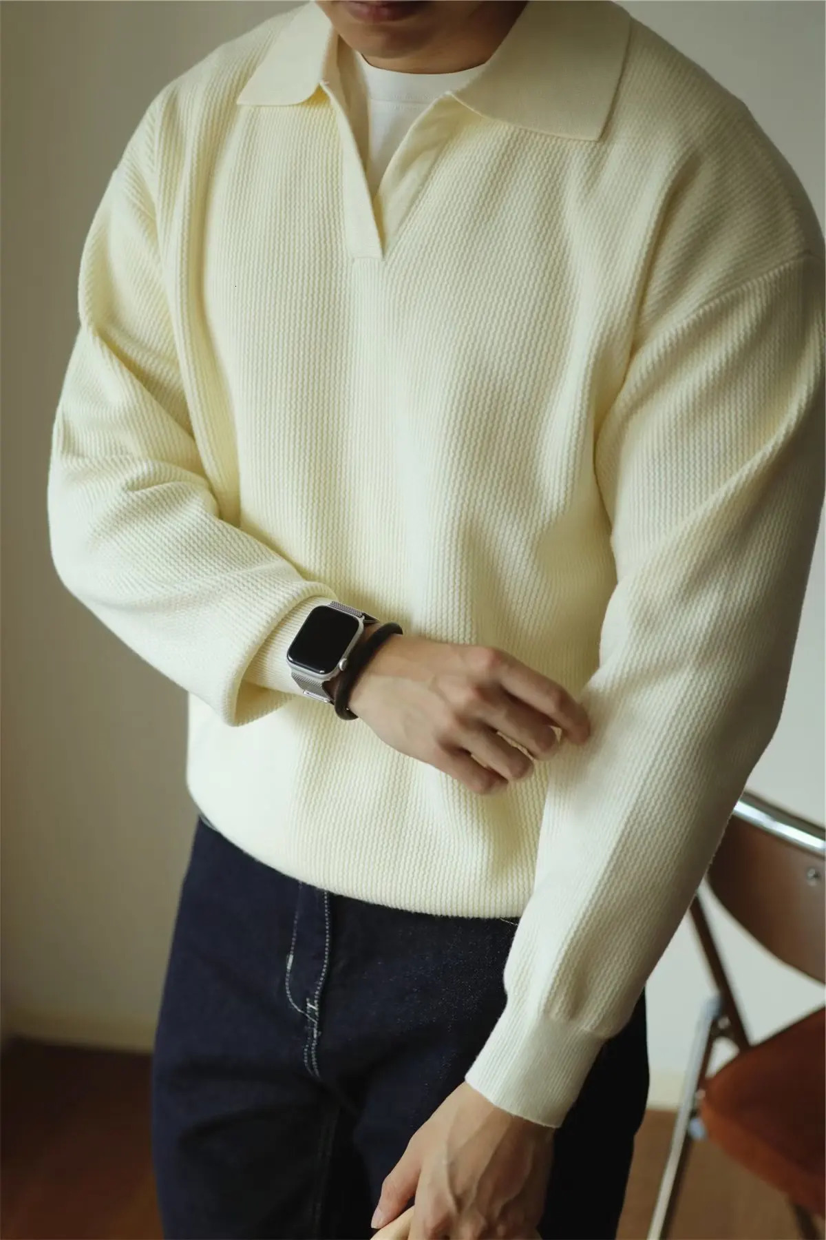 Fashion Solid Color Men Polo Kint Shirt Autumn Long Sleeve Turndown Vneck Sweater Casual Jumper Tops Mens Knitwear Clothe 241111