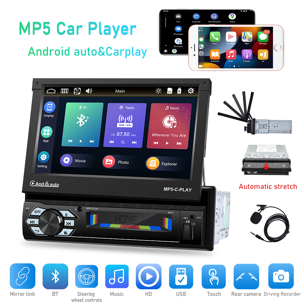 Podofo 1din Car Radio CarPlay Auto 7" IPS Retractable Screen 1 Din Android 10 Multimedia Player Universal Audio Video