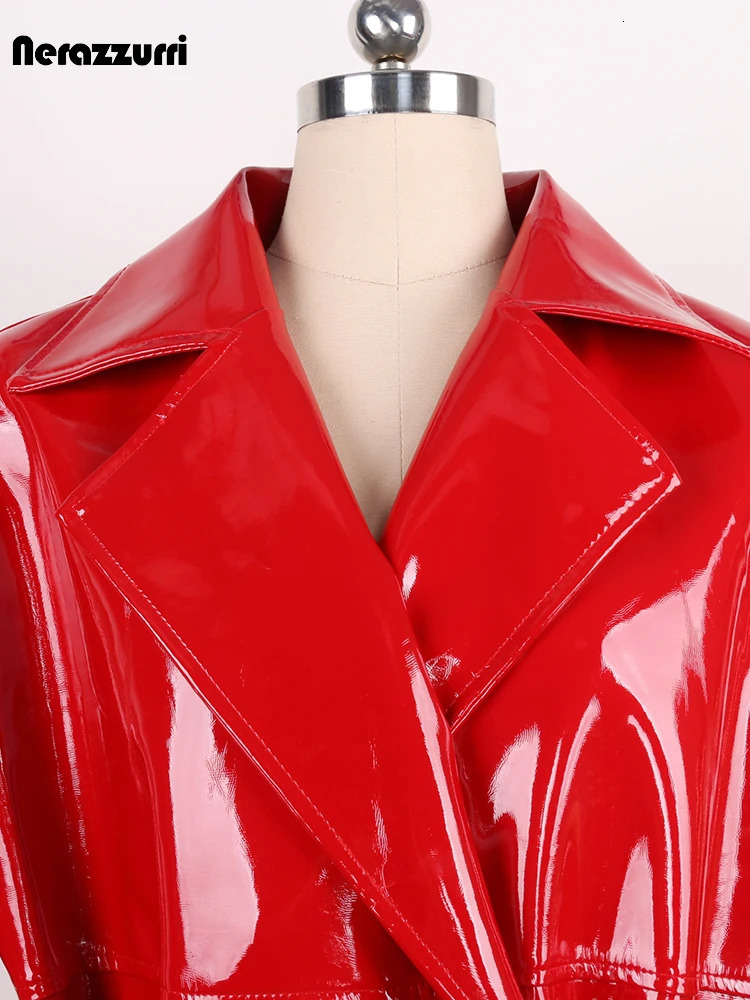 Blue and Black Legion Spring and Autumn Long Gloss Reflective Red Artificial Patent Leather Trench Coat Womens Loose Casual Runway Fashion 241107