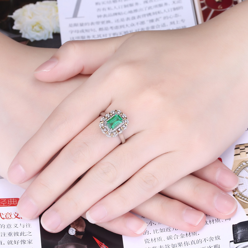 HOYON 925 Sliver color Turquoise Emerald Square Diamond Ring Bague Bizuterias for Women Silver 925 Jewelry Green Topaz Diamond