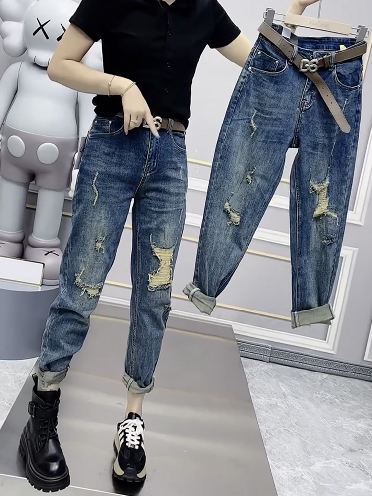 Large Size Ripped Jeans Women's Summer Thin Model 2023 New Radish Daddy Pants Fat Mm Thin Haren Pants Y2k