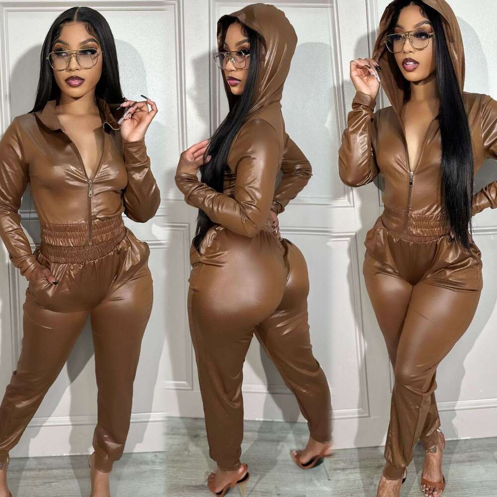 shanshi leather jacket women Women's Set Hooded Two Piece Casual Sports Suit faux leather jacket