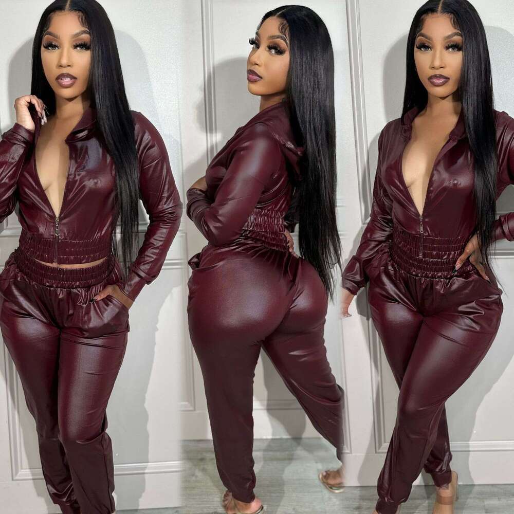 shanshi leather jacket women Women's Set Hooded Two Piece Casual Sports Suit faux leather jacket