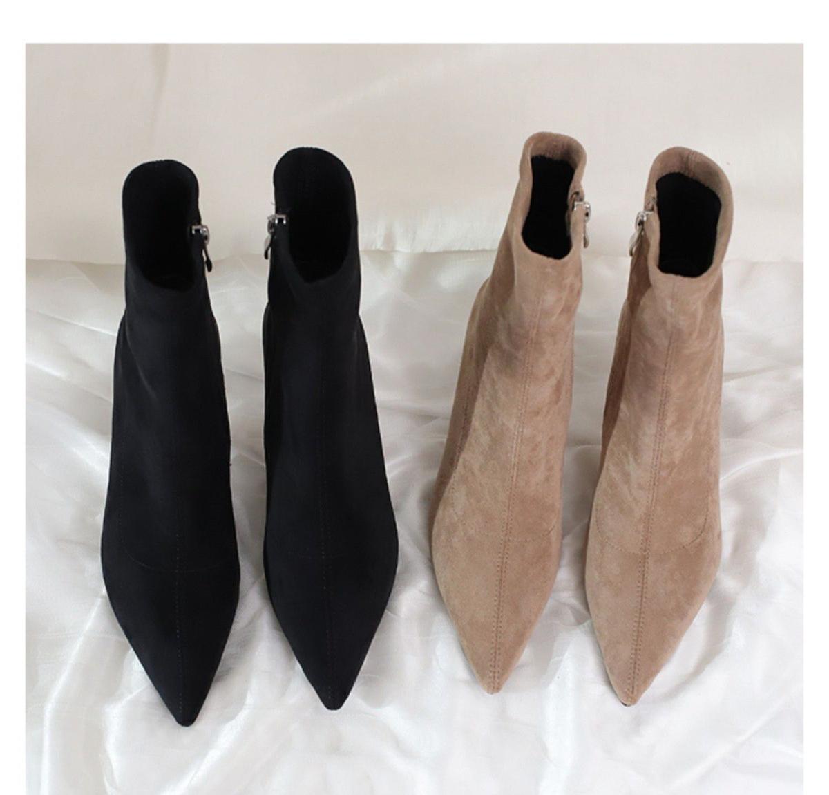 Suede Pointed Toe High Heels Short Winter Boots for Women, Black Khaki a130