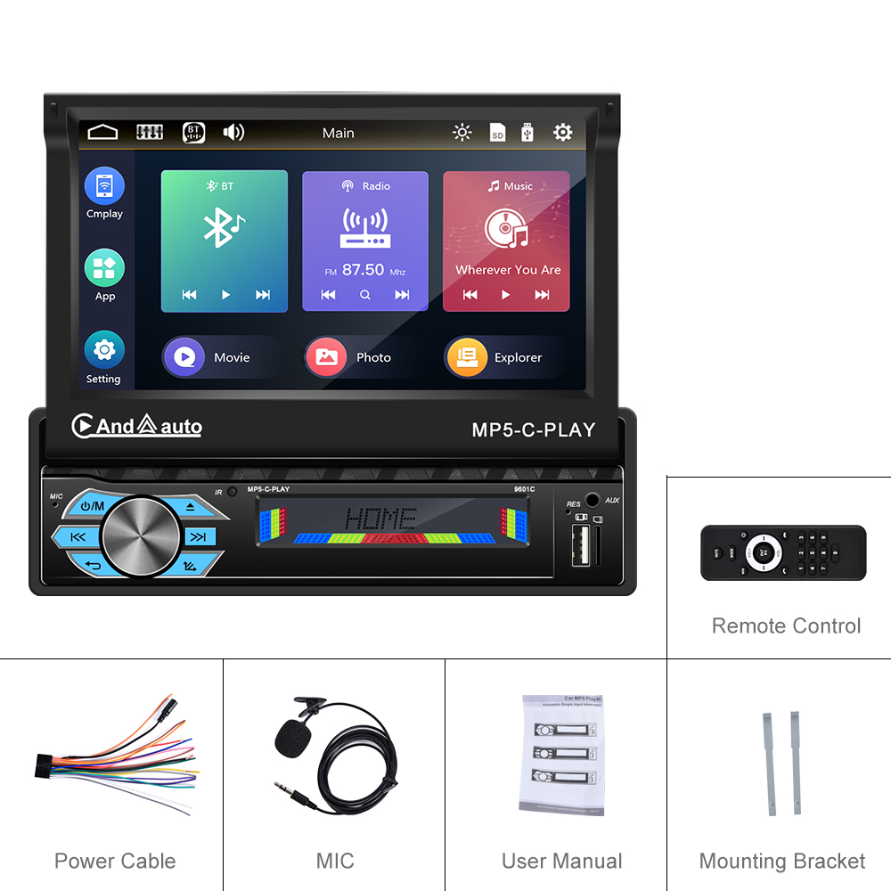 Podofo 1din Car Radio CarPlay Auto 7" IPS Retractable Screen 1 Din Android 10 Multimedia Player Universal Audio Video