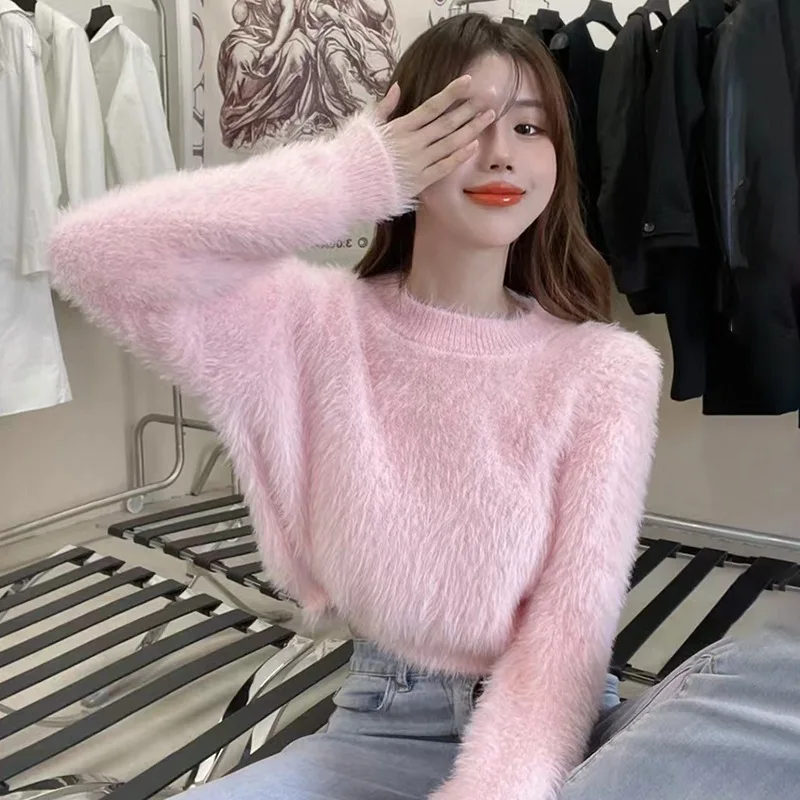 y2k Sweater For Women Sweet Faux new Mink Hairy Pullover O Neck Long Sleeve Loose Short Sweater Lady Casual Soft 2025 Warm Jumper