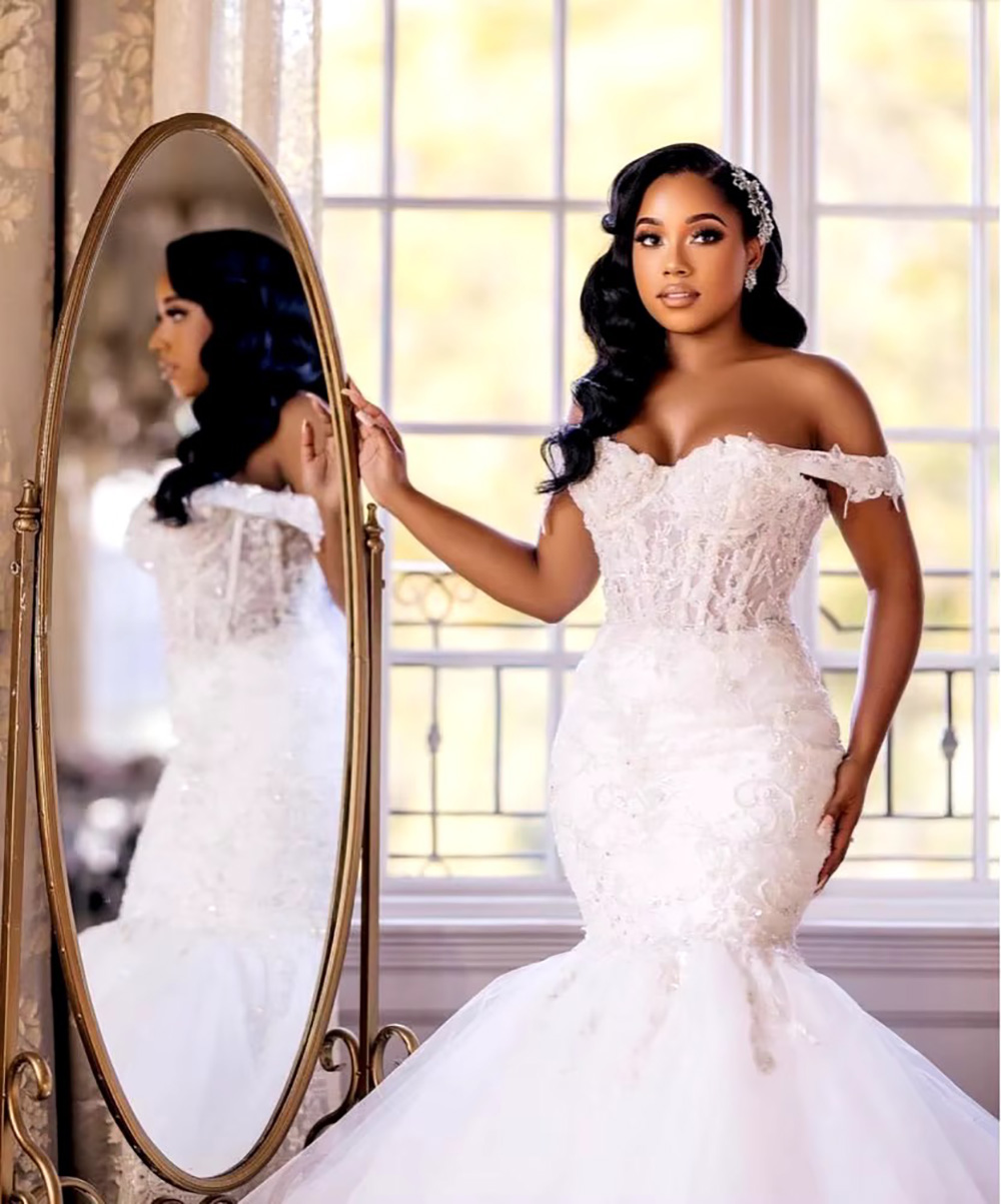 African Elegant Mermaid Wedding Dresses for Bride Off Shoulder Lace up Closure Sweep Train Beaded Bridal Gowns Customized Free shipping Free