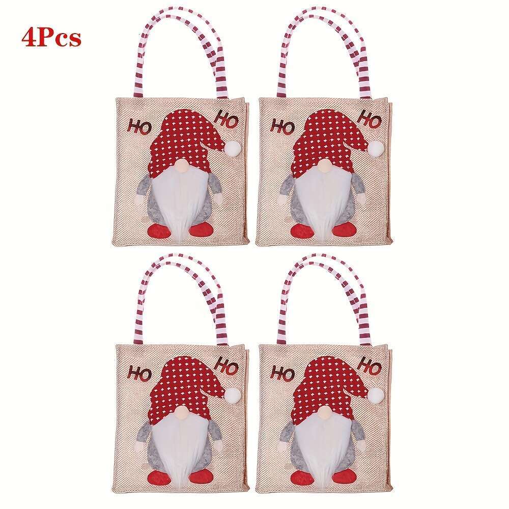 Christmas Set of 4 Decoration Gnome Gift - Cute Portable Faceless Doll Design, Burlap Candy for Christmas Favors, Unique Gifts, Reusable Shopping and 