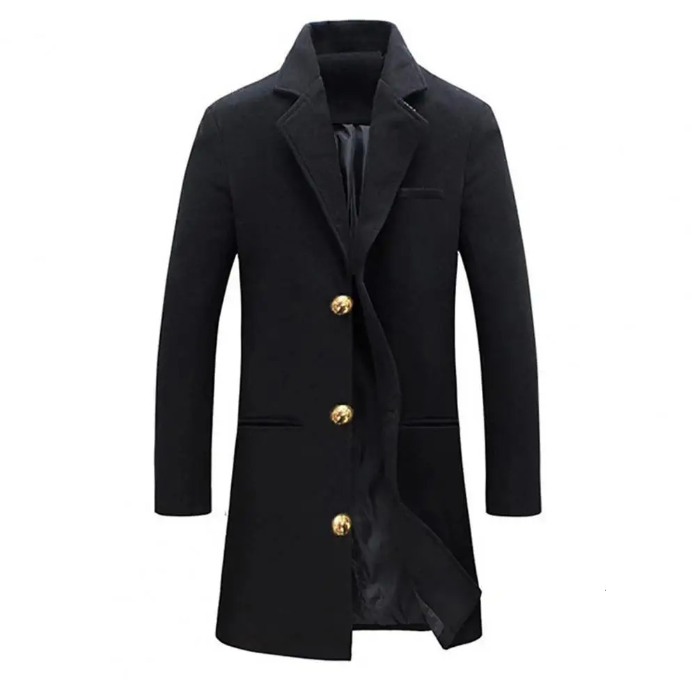 Woolen Coat Men Jacket Elegant Mens Woolen Coat With Lapel Pockets Single Breasted Long Sleeve Jacket Solid Color For Winter 241111
