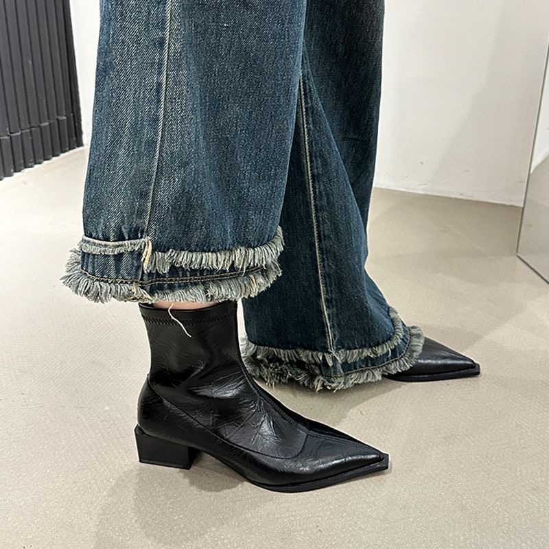 Pointed Toe Women Ankle Boots Fashion Thick Heel Slimming Short Booties Autumn Winter Soft Leather Female Shoes