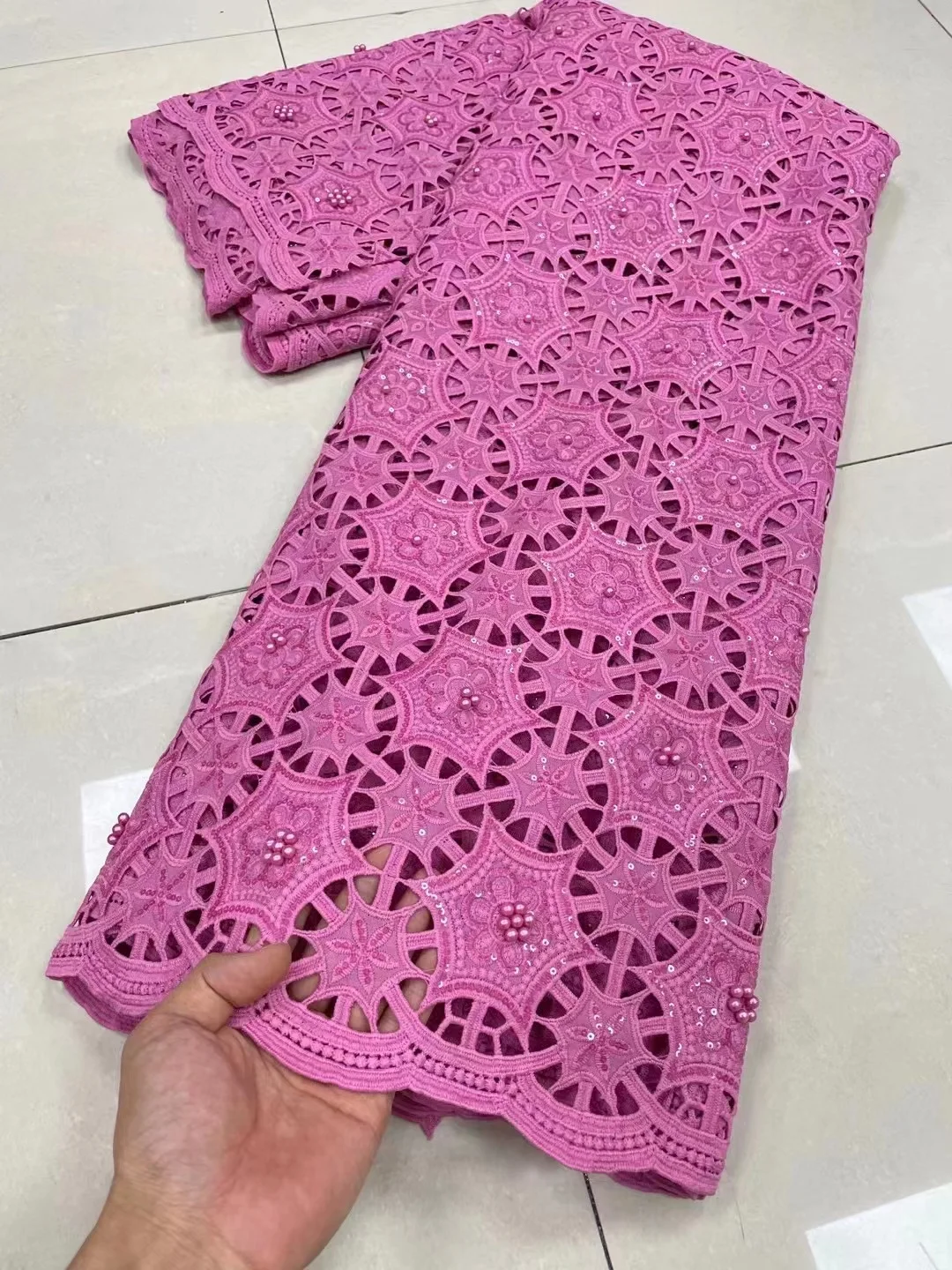 African Milk Silk Cord Lace Fabric 2023 High Quality Lace With Beads Water Soluble Nigerian Guipure Cord Lace For Wedding Dress