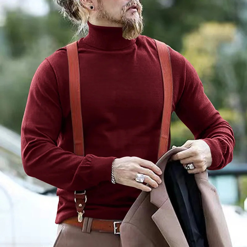 Mens Wine Red Turtleneck Sweater Autumn Winter Cotton Half Casual Solid Color Bottoming Hombre 241111