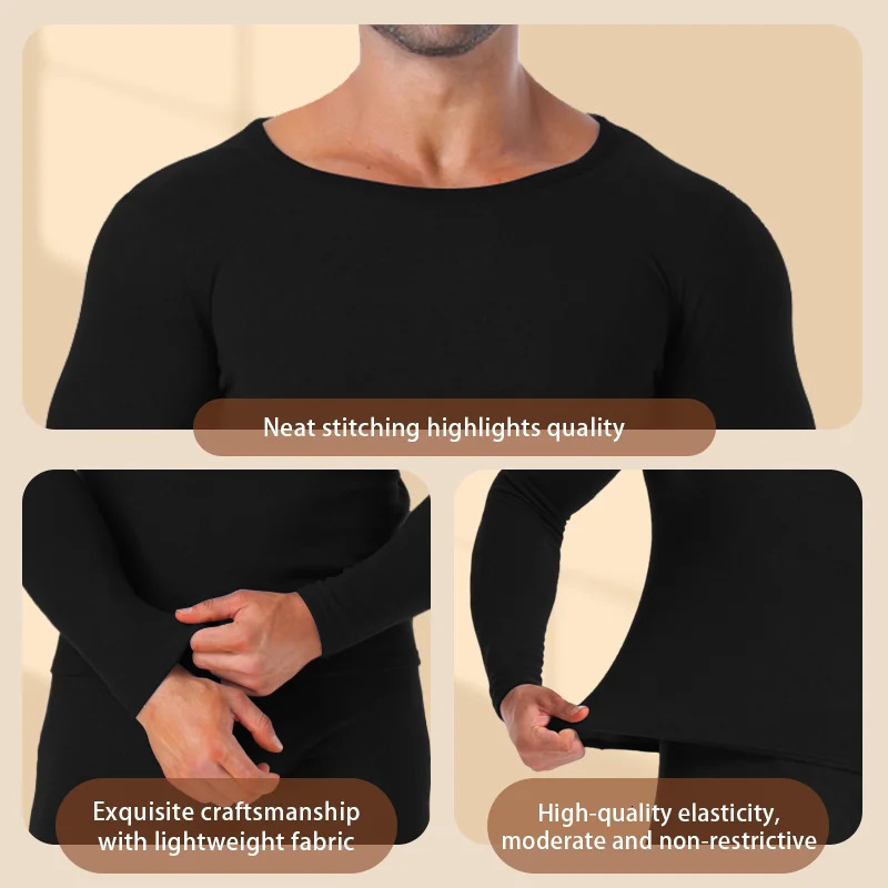 Winter Long Johns Mens Thermal Underwear Thickened Cashmere Silk Base Layer Set Fleece Warm Pajamas Round Neck 241111