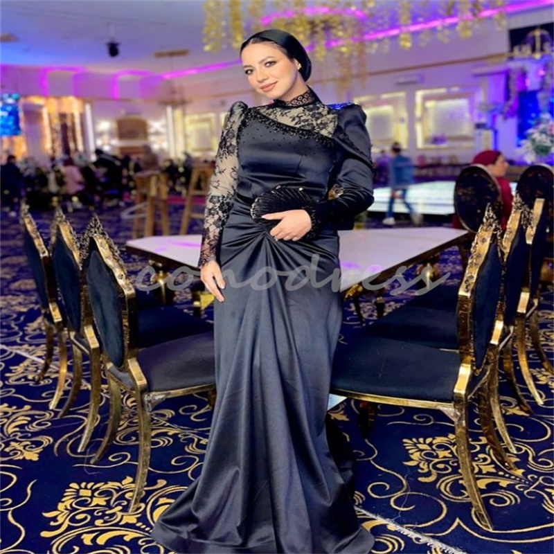 Elegant Arabic Black Evening Dress With Lace High Neck Long Sleeve Mermaid Prom Dresses Dubai Special Occasion Party Gowns Vestio De Fiesta 2025