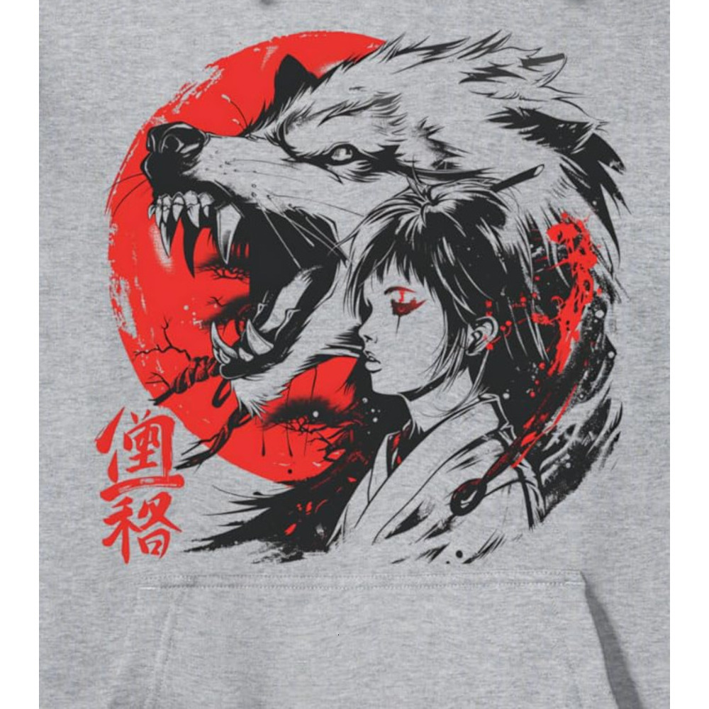Hoodie for Mens Womens Japanese Anime Wolf Girl Red Sun Graphic Design Pullover Hoodie Graphic Hoodies sweatshirt