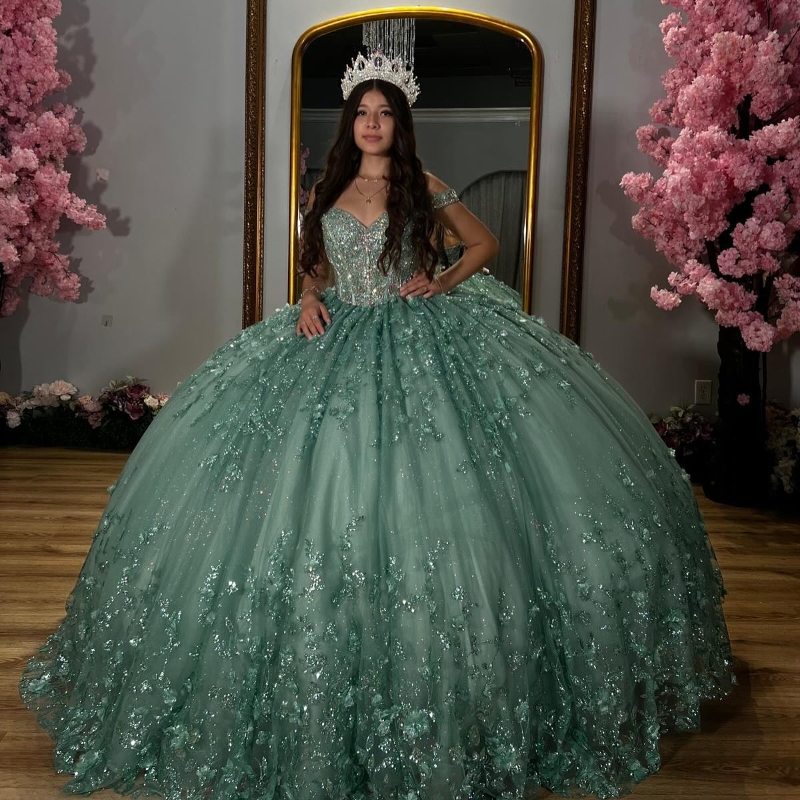 Sparkly Mint Green Princess Quinceanera Dresses Off Shoulder Ball Gown Sequin Appliques Lace Crystals Beads Tull Sweet 16 Dress 0221