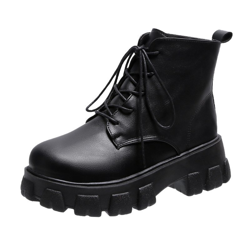 New 2022 Women Black Ankle Boots PU Leather Thick Sole Lace Up Combat Booties Female Autumn Winter Platform Shoes Woman 2e03