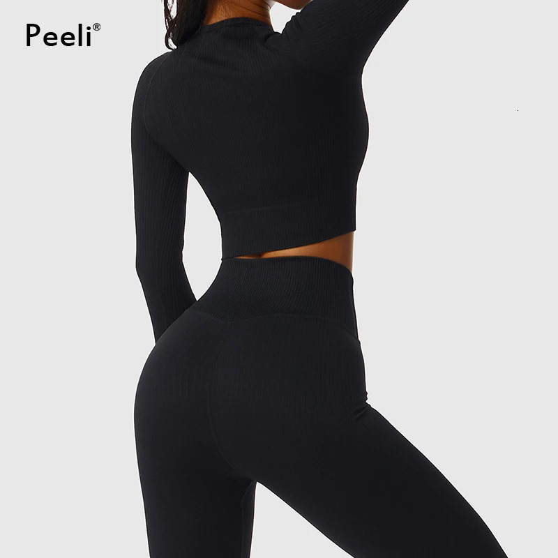 Seamless Yoga Suit Sports Set Gym Clothes Fitness Women Long Sleeve Crop Top High Waist Leggings Ribbed Workout Set Tracksuits 241111