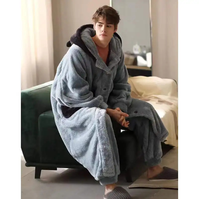 Coral Fleece Nightgown Mens Winter Plus Size Suit Thicken Warm Bathrobe Fashion Male Pama Set Robes Sets 241111 B3