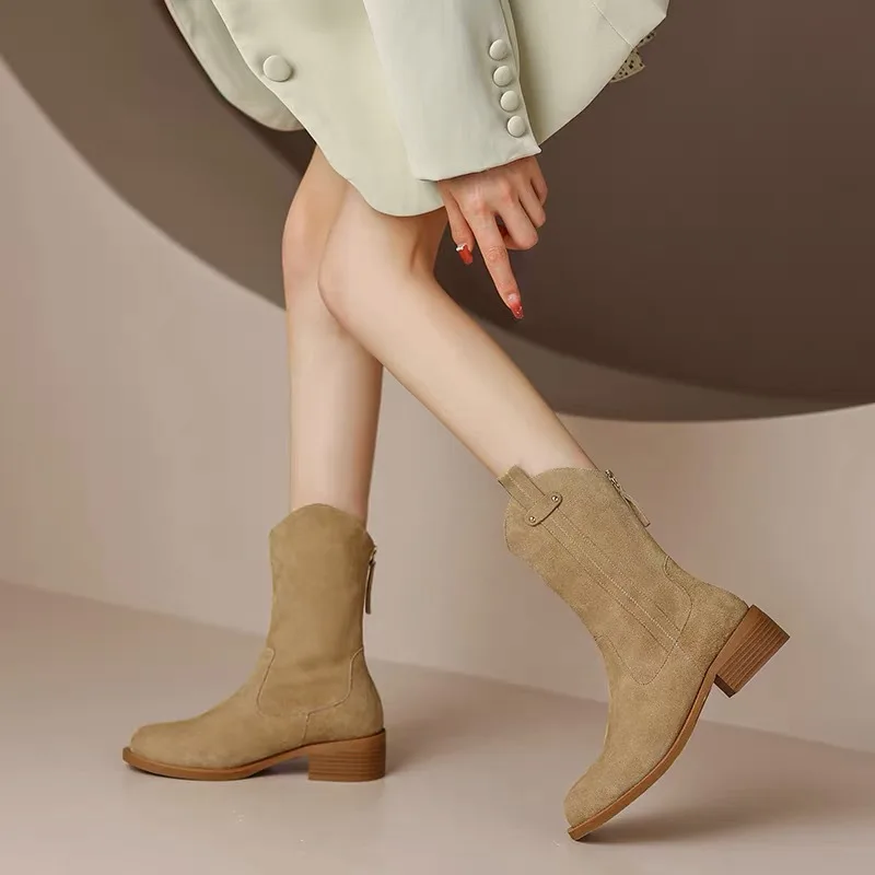 Women Pointed Toe Suede Chelsea Autumn Winter 2023 New Wedge Heel Western Cowboy Boots Slip-On Ankle Wholesale Zapatos De Mujer