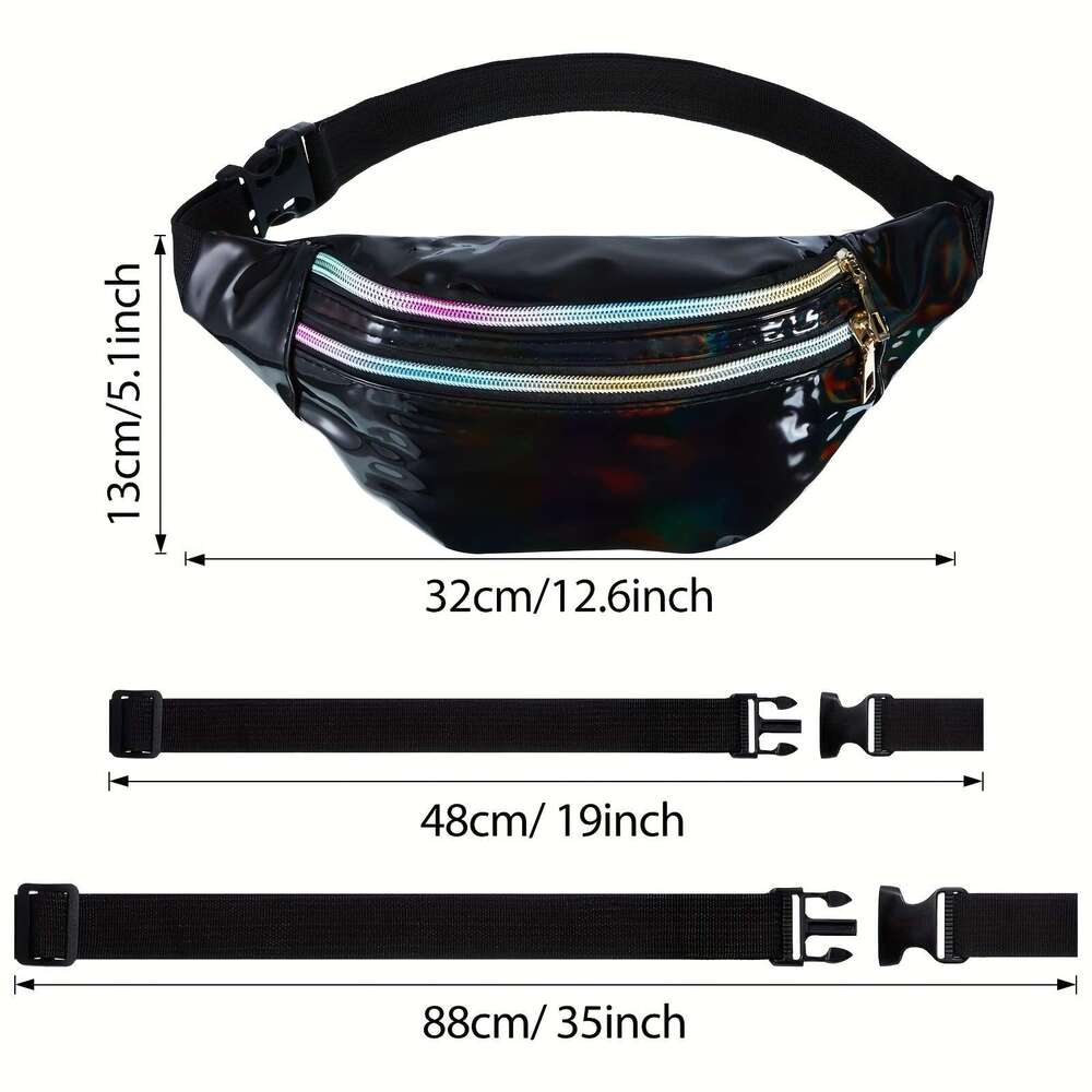 Fashion 12-Pack Vibrant Holographic Fanny Pac Women Waterproof, Adjustable, 3-Pocket Waist Bag with Zipper Closure - Ideal for Sports, Outdoors, Trave