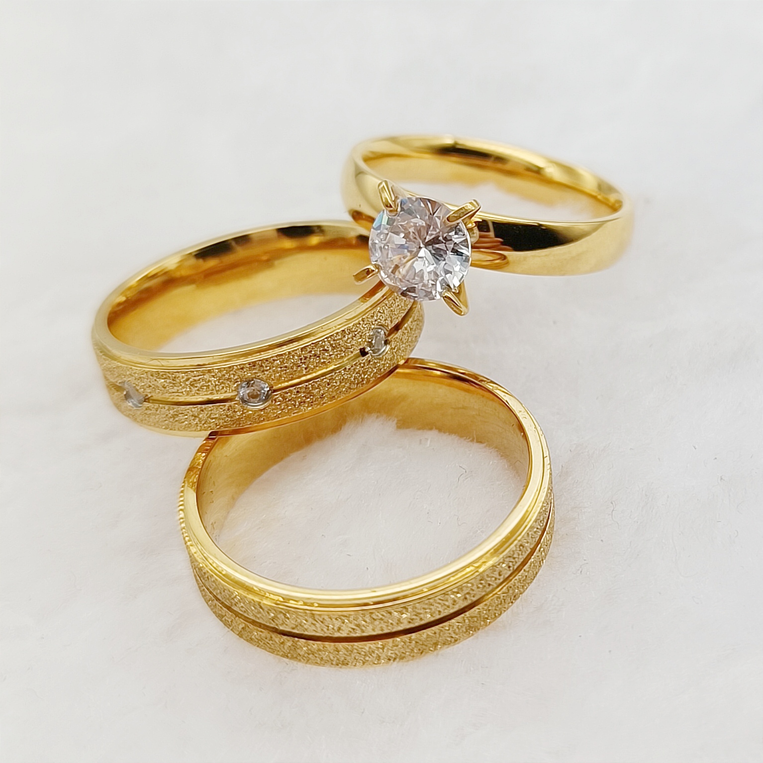 Conjunto de anillos de compromiso de boda para mujer, anillo de dedo chapado en oro de 24k, hecho a mano, 3 piezas
